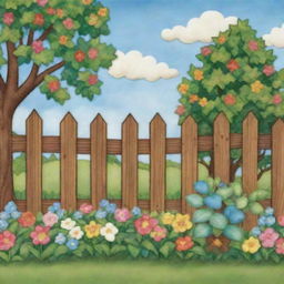 An animated style wooden fence, with an endearing baby quilt, nestled in an enchanting cartoonish little garden.