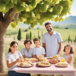 A thirty-year-old Italian man with his family, enjoying a sunny day in an Italian countryside