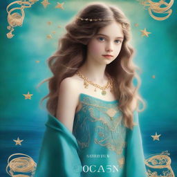 Design a book cover for 'The Ocean’s Heir' featuring a 13-year-old girl wearing a gorgeous, flowing dress made of pure, sea blue silk, embroidered with gold waves