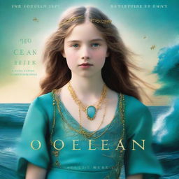 Design a book cover for 'The Ocean’s Heir' featuring a 13-year-old girl wearing a gorgeous, flowing dress made of pure, sea blue silk, embroidered with gold waves