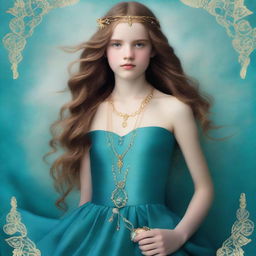 Design a book cover for 'The Ocean’s Heir' featuring a 13-year-old girl wearing a gorgeous, flowing dress made of pure, sea blue silk, embroidered with gold waves