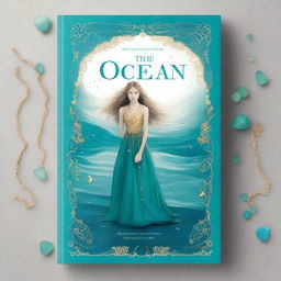 Design a book cover for 'The Ocean’s Heir' featuring a 13-year-old girl wearing a gorgeous, flowing dress made of pure, sea blue silk, embroidered with gold waves