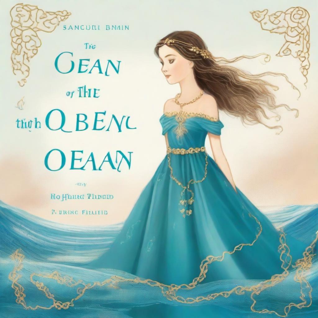 Design a book cover for 'The Ocean’s Heir' featuring a 13-year-old girl wearing a gorgeous, flowing sea blue dress embroidered with gold waves