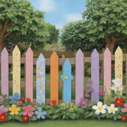 An animated style wooden fence, with an endearing baby quilt, nestled in an enchanting cartoonish little garden.