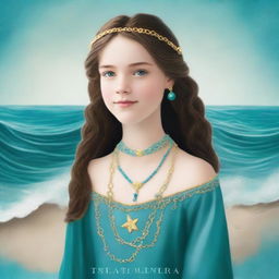 Design a book cover for 'The Ocean’s Heir' featuring a 13-year-old girl wearing a gorgeous, flowing sea blue dress embroidered with gold waves