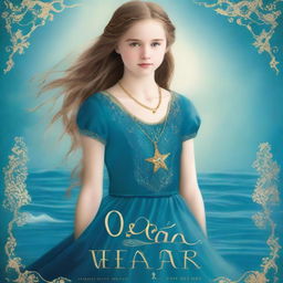 Design a book cover for 'The Ocean’s Heir' featuring a 13-year-old girl wearing a gorgeous, flowing sea blue dress embroidered with gold waves