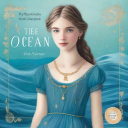 Design a book cover for 'The Ocean’s Heir' featuring a 13-year-old girl wearing a gorgeous, flowing sea blue dress embroidered with gold waves