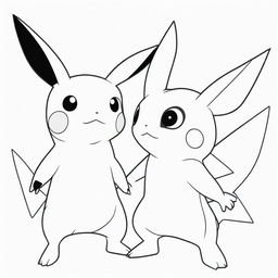 A clean, black and white outline of Pikachu and Greninja standing side by side, designed for coloring