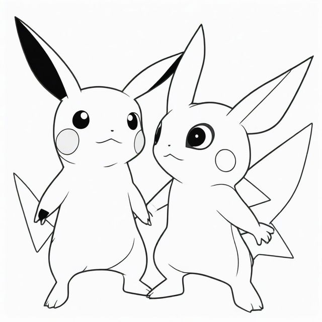 A clean, black and white outline of Pikachu and Greninja standing side by side, designed for coloring