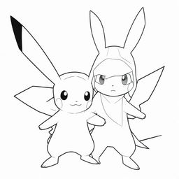 A clean, black and white outline of Pikachu and Greninja standing side by side, designed for coloring