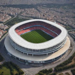 A grand football stadium, full of modern architecture and facilities, with a staggering capacity of 500,000 spectators.