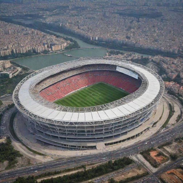 A grand football stadium, full of modern architecture and facilities, with a staggering capacity of 500,000 spectators.