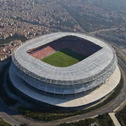 A grand football stadium, full of modern architecture and facilities, with a staggering capacity of 500,000 spectators.