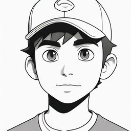 A detailed black and white image of Ash Ketchum, the main character from Pokemon, ready to be colored