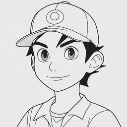 A detailed black and white image of Ash Ketchum, the main character from Pokemon, ready to be colored