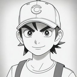 A detailed black and white image of Ash Ketchum, the main character from Pokemon, ready to be colored