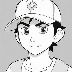 A detailed black and white image of Ash Ketchum, the main character from Pokemon, ready to be colored