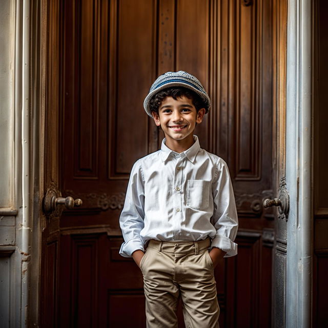 A refined young boy with a kippa on his head, smiling and standing by a door.