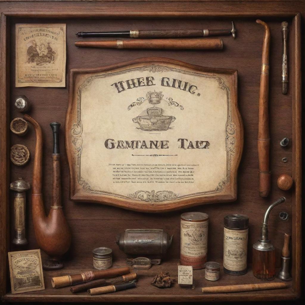 Vintage style advertisement poster for a tobacconist shop, showcasing an array of artisanal tobacco products, aromatic pipes, and elegant accessories.