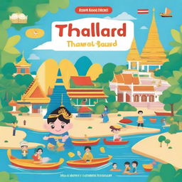 A colorful and engaging travel guide cover for children featuring famous landmarks of Thailand such as the Grand Palace, floating markets, and beautiful beaches