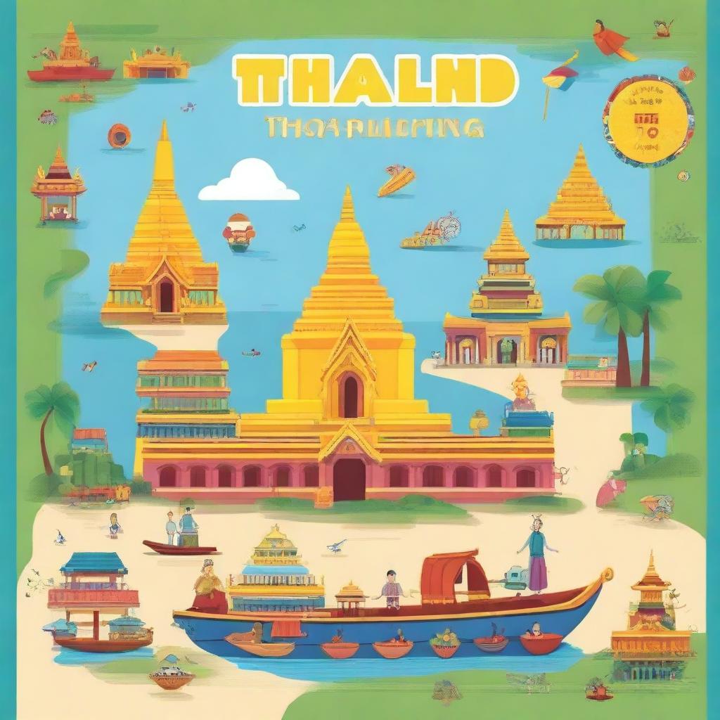 A colorful and engaging travel guide cover for children featuring famous landmarks of Thailand such as the Grand Palace, floating markets, and beautiful beaches