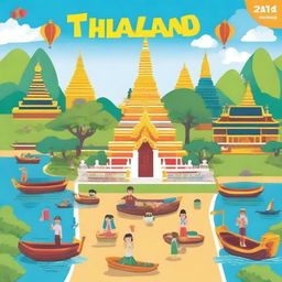 A colorful and engaging travel guide cover for children featuring famous landmarks of Thailand such as the Grand Palace, floating markets, and beautiful beaches