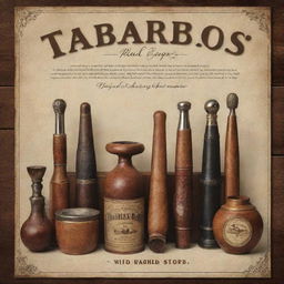 Vintage style advertisement poster for a tobacconist shop, showcasing an array of artisanal tobacco products, aromatic pipes, and elegant accessories.