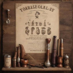 Vintage style advertisement poster for a tobacconist shop, showcasing an array of artisanal tobacco products, aromatic pipes, and elegant accessories.