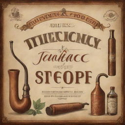 Vintage style advertisement poster for a tobacconist shop, showcasing an array of artisanal tobacco products, aromatic pipes, and elegant accessories.