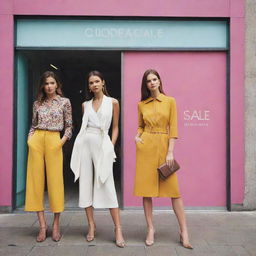 Contemporary advertisement for a clothing store sale, emphasizing a range of fashionable outfits with generous discounts against a modern, stylish backdrop.