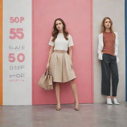 Contemporary advertisement for a clothing store sale, emphasizing a range of fashionable outfits with generous discounts against a modern, stylish backdrop.