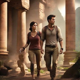 A dynamic and adventurous scene from the Uncharted movie, featuring the main characters in a thrilling action sequence, exploring ancient ruins and uncovering hidden treasures