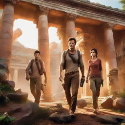 A dynamic and adventurous scene from the Uncharted movie, featuring the main characters in a thrilling action sequence, exploring ancient ruins and uncovering hidden treasures