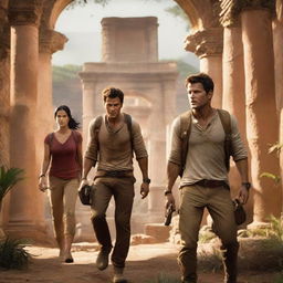 A dynamic and adventurous scene from the Uncharted movie, featuring the main characters in a thrilling action sequence, exploring ancient ruins and uncovering hidden treasures