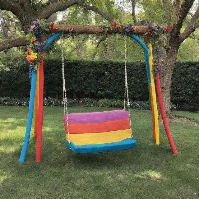 A swing made of radiant rainbows in a whimsical setting.