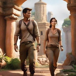 A dynamic and adventurous scene from the Uncharted movie, featuring the main characters in a thrilling action sequence, exploring ancient ruins and uncovering hidden treasures