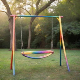 A swing made of radiant rainbows in a whimsical setting.