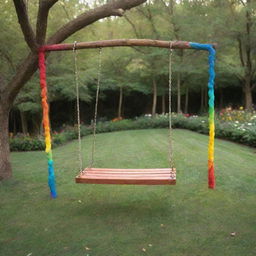 A swing made of radiant rainbows in a whimsical setting.