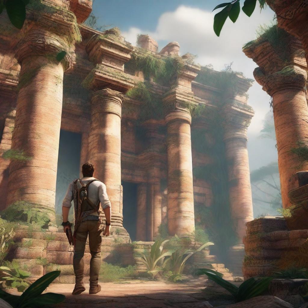 A detailed action scene featuring the main character from the Uncharted series, Nathan Drake, exploring an ancient temple filled with treasures and traps