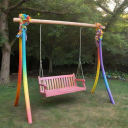 A swing made of radiant rainbows in a whimsical setting.