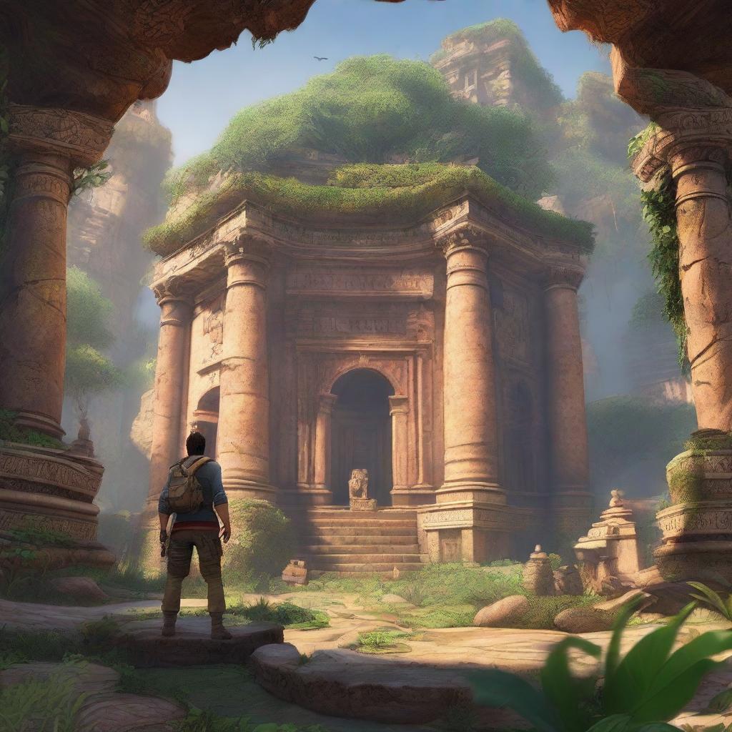 A detailed action scene featuring the main character from the Uncharted series, Nathan Drake, exploring an ancient temple filled with treasures and traps