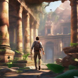 A detailed action scene featuring the main character from the Uncharted series, Nathan Drake, exploring an ancient temple filled with treasures and traps