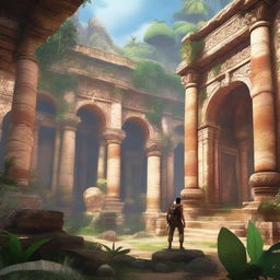 A detailed action scene featuring the main character from the Uncharted series, Nathan Drake, exploring an ancient temple filled with treasures and traps