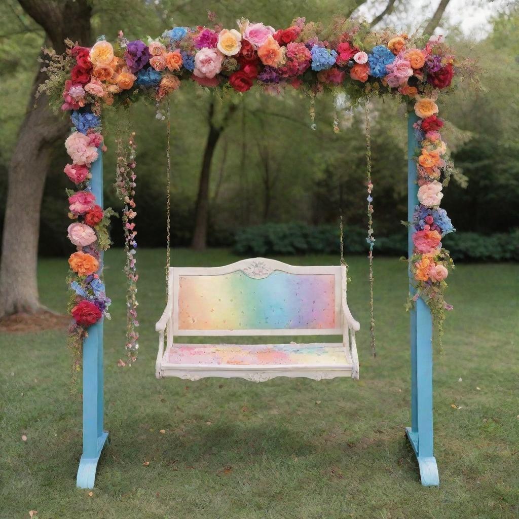 A whimsical swing made of radiant rainbows, embellished with blooming flowers in a fairy-tale setting.