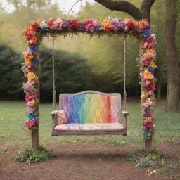 A whimsical swing made of radiant rainbows, embellished with blooming flowers in a fairy-tale setting.