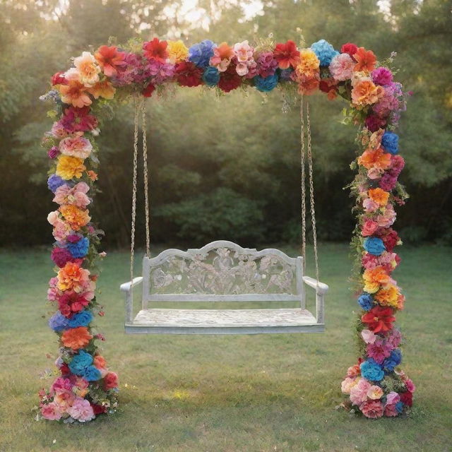 A whimsical swing made of radiant rainbows, embellished with blooming flowers in a fairy-tale setting.