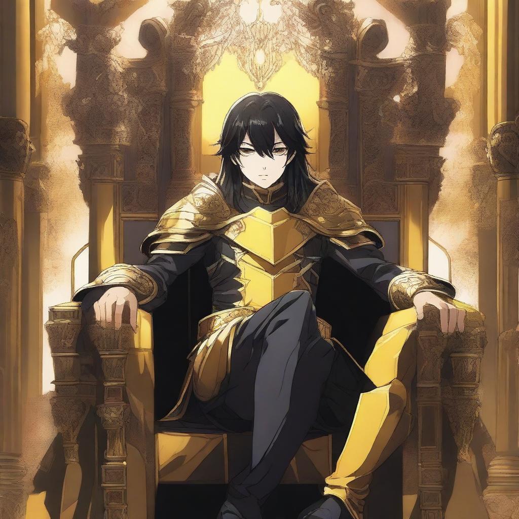 An anime teenager with black hair sitting on a throne, wearing black and yellow armor