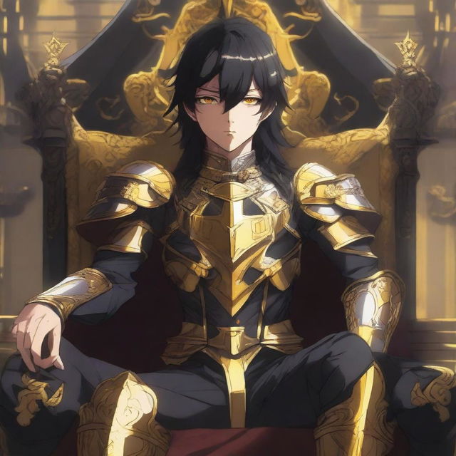 An anime teenager with black hair sitting on a throne, wearing black and yellow armor