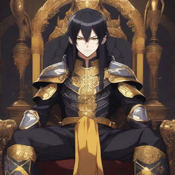 An anime teenager with black hair sitting on a throne, wearing black and yellow armor