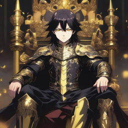 An anime teenager with black hair sitting on a throne, wearing black and yellow armor